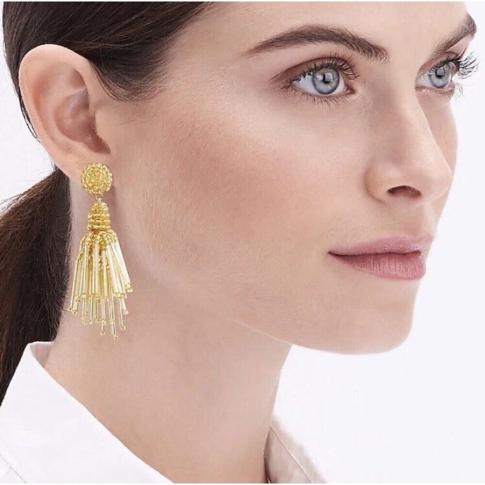 J. Crew Beaded Tassel Earrings – Gold Seed‎ Beads – Boho Statement Dangle NWT